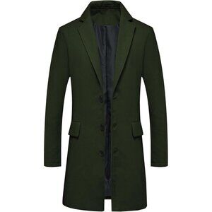 Men's Green Classic Wool Blend Single-Breasted Trench Coat Mid-Length Overcoat